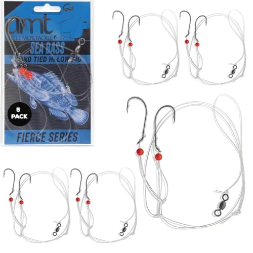 Sea Bass Hi/Lo Saltwater Fishing Rigs 1, 5 &10 Pack Bulk Options - Uncle Mo’s Tackle – Mustad Size 3/0 Bait Hook, 60lb Heavy Duty, 80lb Swivel & Sinker Loop, Hand Tied - for Fluke Porgy Snapper Croaker Sea Trout Tautog Spot Pompano - size: 5 Pack