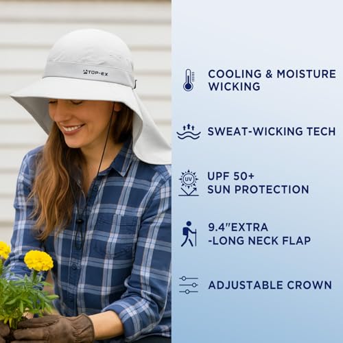 TOP-EX Cooling Sun Hat with Neck Flap – UPF 50+ Wide Brim Breathable Hat for Hiking, Fishing & Big Heads - color: Light Grey, size: Medium-Large