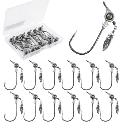Underspin Jig Heads, 12pcs Crappie Jig Heads Swimbait Jig Heads with Spinner Blade 3D Eyes Fishing Jig Heads Hooks for Soft Plastic Swimbait Bass Walleye Trout Fishing 1/8oz 1/4oz 3/16oz 3/8oz - size: 1/8oz-12pcs