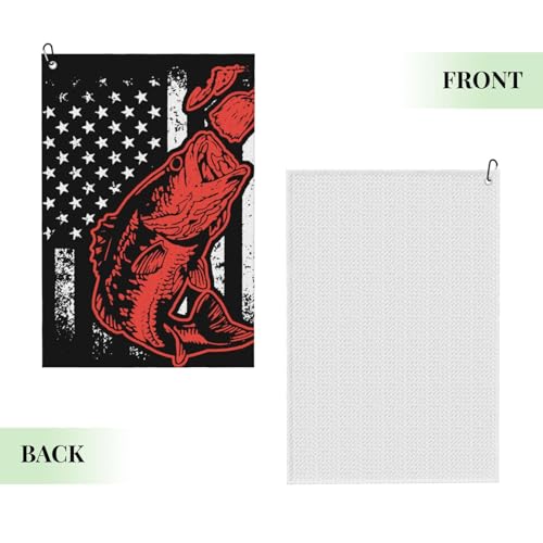 Fishing Lure and American Flag Microfiber Golf Towel with Carabiner Clip, 16x24 Inch Absorbent Waffle Weave Towel for Golf Bags