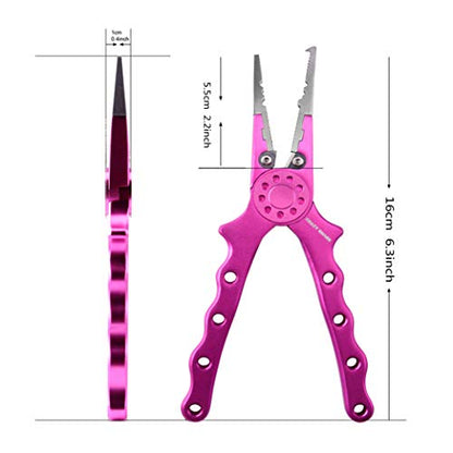 Professional Saltwater/Fresh Water Aluminum Fishing Pliers Tungsten Carbide Cutters Hook Remover with Sheath and Lanyard - color: Pink
