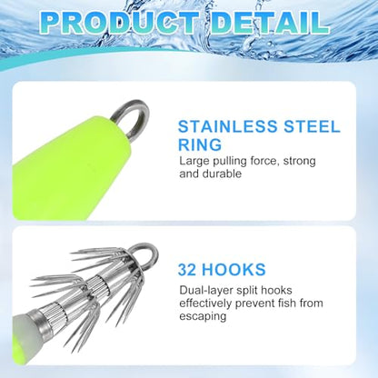 Luminous Squid Jig Hooks, Squid Jigs Saltwater Glow in Dark Dual-Layer Hooks - Fit for Cuttlefish Sleeve Night Fishing - color: Yellow