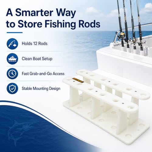 Heavy-Duty HDPE Fishing Rod Holder Rack for 12 Rods – Deck & Dock Mount Rod Storage with Stainless Steel Hardware, Wide Spacing Design for Large Reels, UV & Corrosion Resistant - size: 12 Rods