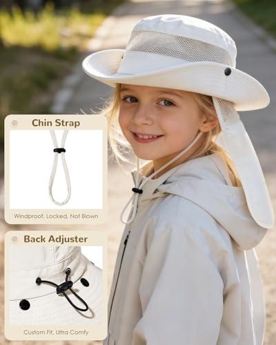 Century Star Kids Sun Hat with Detachable Neck Flap,UPF 50+ Windproof Waterproof Beach Bucket Hat Outdoor Fishing Safari - color: Beige