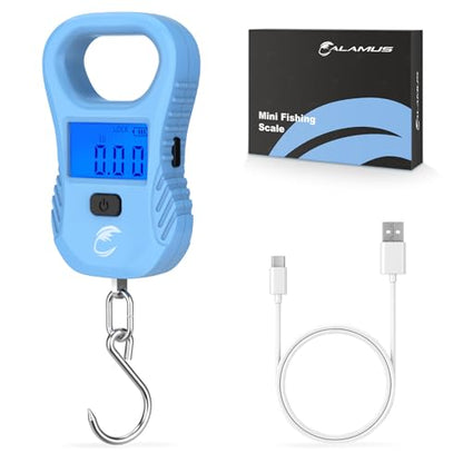 Calamus Lightweight Fish Scale – Rechargeable Digital Scale with USB Cable, 55lb Capacity, Multi-Units Pound/Ounces & Kilograms, High Accuracy, Backlight LCD Display, Fishing Gifts for Men - color: Blue