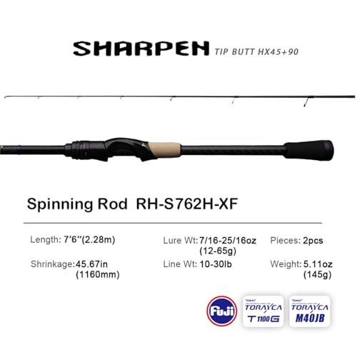 PURELURE Sharpen Fishing Rod 6'5''-9'2'' Spinning & Casting Rod L/ML/M/MH/H | M40JB+T1100G Carbon Fiber Blank, XF/MF Action Fishing Pole 2 Piece, Carbon Reel Seat Cork and EVA Handle, Fuji Guides - style: Spinning: S762h-xf-2pcs
