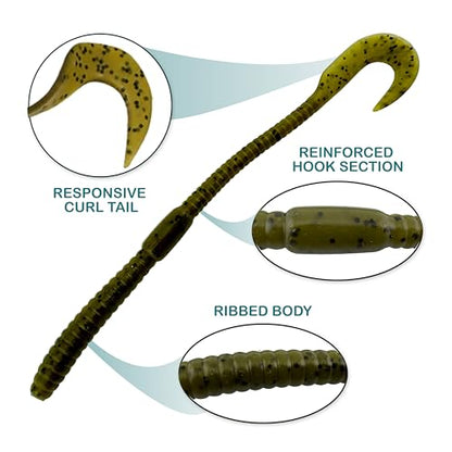 5.5" Pulse Slim Worm Soft Lure for Bass Fishing, Slim Profile Salt Infused Responsive Curl Tail with Ribbed Body & Reinforced Hook Section, 12 Pack - color: Chartreuse Green Pumpkin