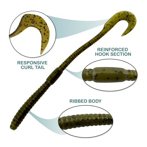 5.5" Pulse Slim Worm Soft Lure for Bass Fishing, Slim Profile Salt Infused Responsive Curl Tail with Ribbed Body & Reinforced Hook Section, 12 Pack - color: Junebug