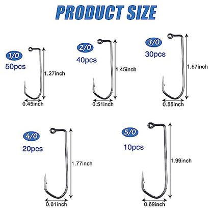 Aberdeen 150pcs 90 Degree Long Shank Forged Duratin Jig Hooks - Round Bend High Carbon Steel Barbarian Saltwater Fishing Kit 1/0-5/0