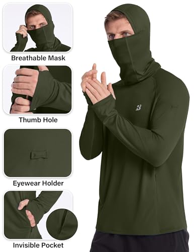 Roadbox Mens UPF 50+ Sun Protection Hoodie, Long Sleeve Fishing Shirt with Mask, Lightweight UV SPF Hooded for Hiking Running - color: Dark Green, size: 3X-Large