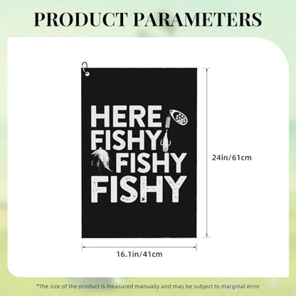 Fishing Here Fishy Fishy Fishy Microfiber Golf Towel, 16x24 Waffle Pattern with Carabiner Clip, Tri-Fold Large Golf Ball Towels, Golf Bag Accessories for Men Women, Golf Gift