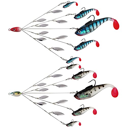 5 Arms Alabama Rig Fishing Lure, Umbrella Rig with Spinner for Striper, A-Rig for Boat Trolling Frashwater/Saltwater, with Soft Swimbait and Hooks for Bass Crappie Walleye Pickerel Trout Perch - color: bluish grey, size: Large