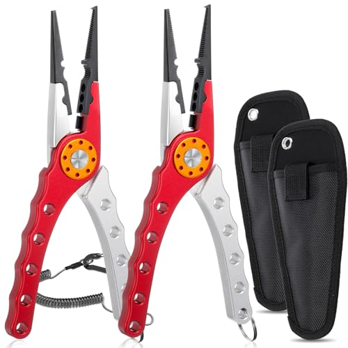 Lasnten 2 Pcs Fishing Pliers Saltwater Braid Cutters 7.8'' Fishing Hook Remover Split Ring Fishing Tools with Sheath and Lanyard Gear Gifts for Fish Line Cutting Boat Fly Ice Fishing (Red, Silver) - color: Red, Silver