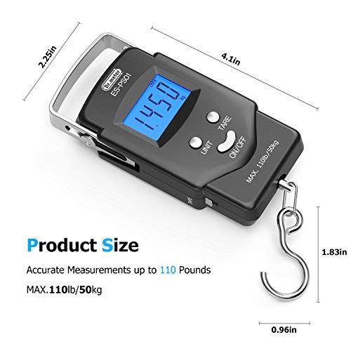 Dr.meter Fish Scale Luggage Scale Fishing Gear - 110lb Backlit LCD Display Digital Scale with Built-in Measuring Tape - Fishing Scale with 2 AAA Batteries, Pocket Size - Fishing Gifts for Men - color: Black