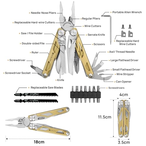 BIBURY Multitool Pliers Pro BI2045, 31-in-1 Stainless Steel Multi Tool with Replaceable Wire Cutters and Saw, Foldable Heavy-duty Multitool Set with Scissors and Screwdriver for Hiking Camping Repair - color: Golden