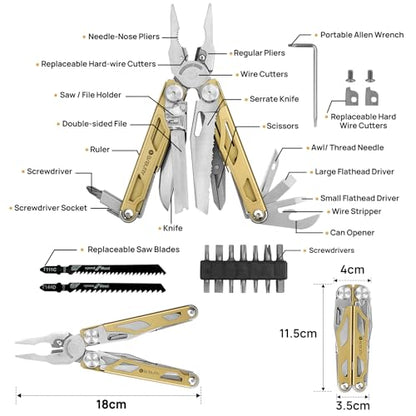 BIBURY Multitool Pliers Pro BI2045, 31-in-1 Stainless Steel Multi Tool with Replaceable Wire Cutters and Saw, Foldable Heavy-duty Multitool Set with Scissors and Screwdriver for Hiking Camping Repair - color: Golden