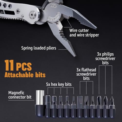 24-in-1 Multitool with Knife, Pliers & 11 Bits Sharp Stainless Steel - Multi Tool for Men - Ideal Gear with Tools for Camping Hiking, Survival, EDC - Best Gifts for Husband Boyfriend 2238 - color: 1. Silver