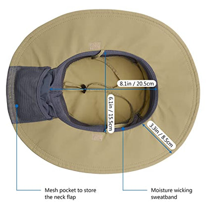 BASSDASH UPF 50+ Sun Fishing Hat Water Resistant with Detachable Neck Flap - color: Dark Khaki