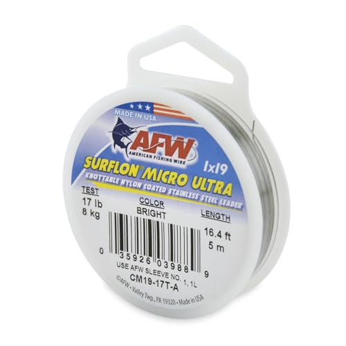 American Fishing Wire Surflon Micro Ultra Nylon Coated 1x19 Stainless Steel Leader Wire - Knottable Fishing Leaders Saltwater & Fly Fishing, 6lb Test - 61lb Test, Bright, Black & Camo Colors - color: Bright, style: 5 Meter, 17 Pound Test