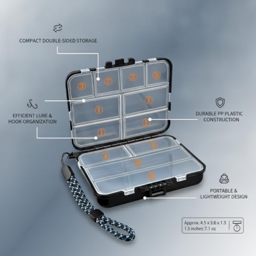 Fits Standard Vest Pockets and Kayak Hatches: Compact Double-Sided Fishing Tackle Box for Lures and Hooks, Black PP Plastic Storage Container - size: 4.41 x 3.62 x 1.26 in