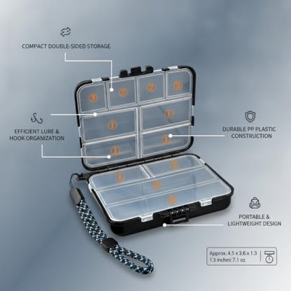 Fits Standard Vest Pockets and Kayak Hatches: Compact Double-Sided Fishing Tackle Box for Lures and Hooks, Black PP Plastic Storage Container - size: 4.41 x 3.62 x 1.26 in