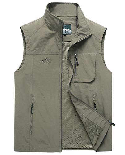 Hixiaohe Mens Lightweight Vest Outerwear Casual Summer Outdoor Travel Vest for Hiking Fishing Golf Photo Work with Pockets - color: Dark Khaki, size: XX-Large