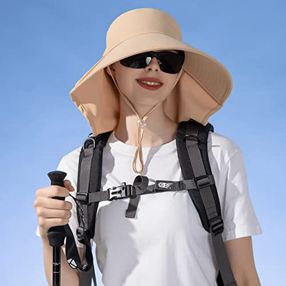 HUAMULAN Men Summer Sun Hat Women Safari Wide Brim Fishing Hats UV Protection Neck Flap Bucket Gardening Hiking Hunting Cap - color: Bg8112-kakhi