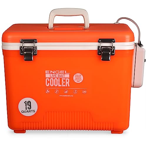 Engel Live Bait Cooler Box with 2nd Gen 2-Speed Aerator Pump - Portable Fishing Station & Minnow Bucket for Shrimp & Other Live Fish with Aerator - ENGLBC-N - color: Orange Hi-Vis, size: 19 Quart