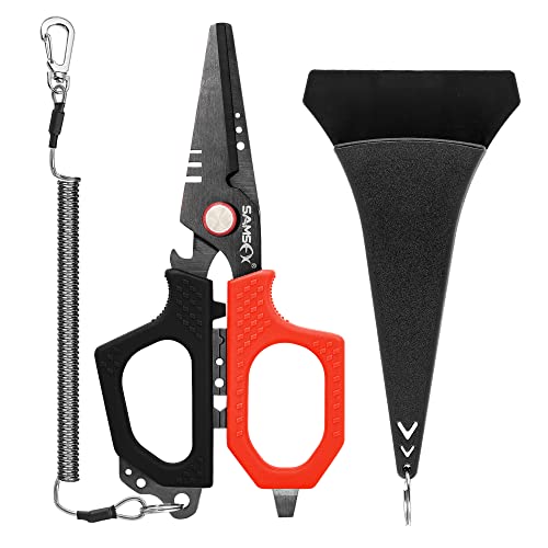 SAMSFX 6.5" Pro Fishing Shears Dual Serrated Blades, Fishing Braided Line Scissors with Titanium Coating, Non-Slip Grip & Multifunction Tool, Includes Hard Molded Locking Sheath & Coiled Lanyard - color: A: Black & Red Kraton Handle, Hard Sheath