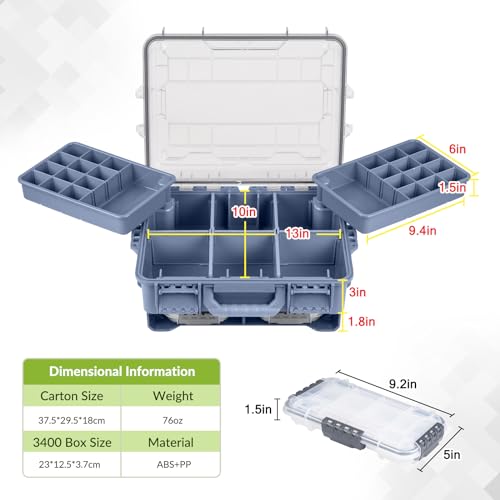 THKFISH Waterproof Tackle Box, Portable Fishing & Tackle Storage Box with Two 3500 Stowaway Boxes and Removable Dividers, Tackle Box, Thicker Floating Airtight Stowaway,Pink/Green/Blue/Grey - color: M-Blue