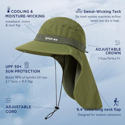 TOP-EX Cooling Sun Hat with Neck Flap – UPF 50+ Wide Brim Breathable Hat for Hiking, Fishing & Big Heads - color: Bronze Green, size: Medium-Large
