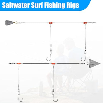Saltwater Surf Fishing Tackle Kit - Saltwater Surf Fishing Rigs Bottom Rigs Include Fishing Leader Rigs Pyramid Sinkers Bass Casting Sinker Circle Hooks for Striped Bass Red Drum Flounder - color: Black