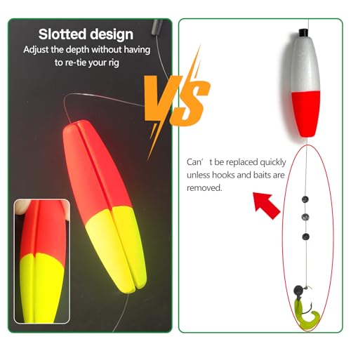 EUPHENG Peg Floats Slotted, Catfish Fishing Floats Slip Bobbers Cigar Foam Bobbers with Pipe Plug for Santee Rig Catfish Rig Fish Finder Rig - color: 24PCS-Green+Red+Yellow-(1.5"+2"+2.5"+3")