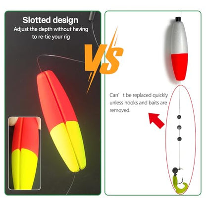 EUPHENG Peg Floats Slotted, Catfish Fishing Floats Slip Bobbers Cigar Foam Bobbers with Pipe Plug for Santee Rig Catfish Rig Fish Finder Rig - color: 24PCS-Green+Red+Yellow-(1.5"+2"+2.5"+3")