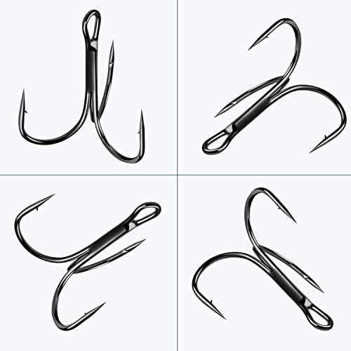 Fishing Red Treble Hooks- 80/120pcs Sharp Round Bend Barbed Treble Hook High-Carbon Steel Triple Hooks for Bass Trout Saltwater Freshwater Size 1/0 1 2 4 6 8 10 12 14 - color: BLACK, size: 80PCS-1/0