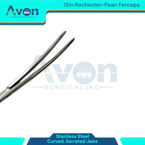 12inch Rochester-Pean Hemostat Forceps, Curved with Serrated Jaws - Lock-Ratcheting - Multi-Use, for Fishing, Veterinary, Crafts, and More - Stainless Steel (1 Each)