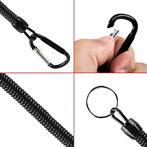 Pack of 6 Black Coiled Fishing Lanyard with Carabiner Fishing Ropes Secure Pliers Lip Grips Tackle Fish Tools