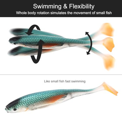 6pcs Fishing Soft Lure Plastic Bait T Tail, Paddle Tail Swimbaits Artificial Bait, Minnow Lures for Bass Pike Trout Perch Fishing Accessory for Saltwater Freshwater
