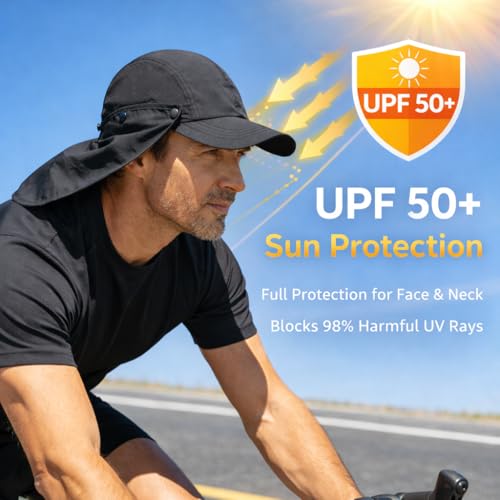 Mens L/XL/XXL Sun Hat with Removable Neck Flap UPF 50+ Fishing Hat Waterproof Quick Dry Breathable Baseball Cap for Cycling - color: Black, size: X-Large-XX-Large