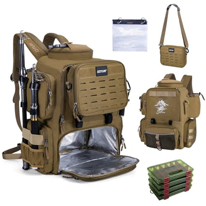 Goture Fishing Backpack with 4 Tackle Boxes,58L 900D Water-Resistant Tackle Backpack with Cooler,Rod Holders,8 Lure Pockets, Detachable Crossbody Bag,Gear Storage Large Fishing Bag for Camping Hiking - color: D1:khaki With 4 Tackle Boxes