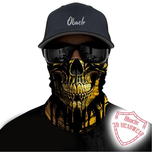 Obacle Bandana Face Mask Neck Gaiter Tube Mask Men Women for Sun Dust Protection - color: Skull Gold Black Face
