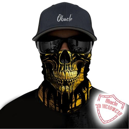 Obacle Bandana Face Mask Neck Gaiter Tube Mask Men Women for Sun Dust Protection - color: Skull Gold Black Face