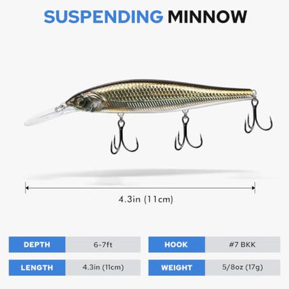 TRUSCEND Suspending Jerkbait, Rattle Minnow Lures with BKK Hooks, Freshwater Bass Trout Striper Walleye Pike Fishing Lures, Variety Pack for All Water Conditions, Premium Fishing Gear and Gifts - color: A2-4.3",0.6oz