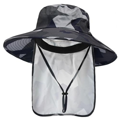 Sun Hats for Men Women Fishing Hat UPF 50+ Breathable Wide Brim Bucket Hats Summer UV Protection Safari Hat with Neck Flap - color: Camo Dark Grey