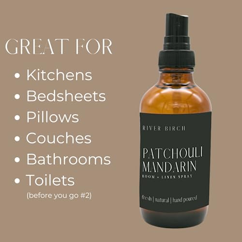 River Birch Patchouli Mandarin Scented Linen and Room Spray | Home Fragrance | 4 oz Glass Amber Bottle | Luxury Signature Scent | Handmade in Texas - color: Patchouli Mandarin