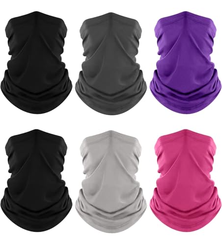 Fuinloth Neck Gaiter, 6 Pack Cooling UV Protection Bandana Face Mask Gator | Breathable Sweat Wicking, UPF 50, Sun Wind Dust Shield, Quick Dry & Washable, 95% Polyester 5% Spandex - color: 2 Black+gray+light Gray+pink+purple