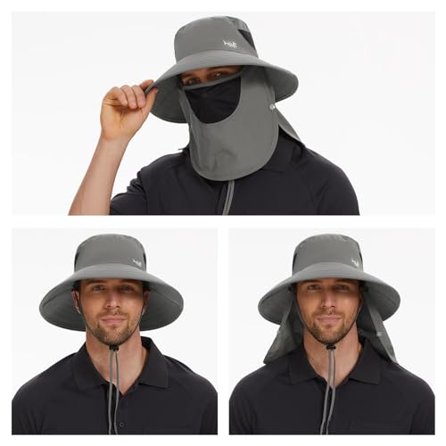 BASSDASH UPF 50+ Breathable Sun Hat with Removable Face Cover and Neck Flap Wide Brim Bucket Hat for Fishing Hiking Men Women - color: Light Grey