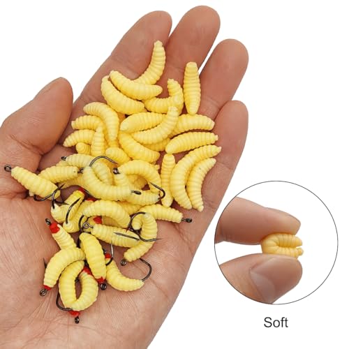 Rubber Maggots Fishing Bait, 20 Pcs Fishing Baits with Hooks + 30 Pcs Soft Maggot Bait Bread Worm, Fish Lures Worms Bulk FishGrubs for Trout, Crappie, Pan Fish, Bluegill, 50 Pack
