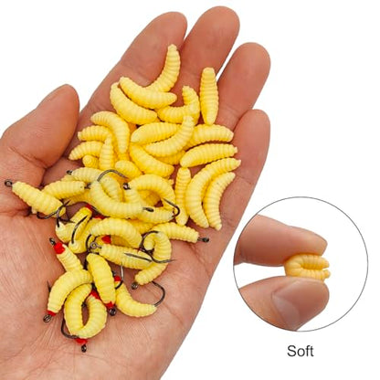 Rubber Maggots Fishing Bait, 20 Pcs Fishing Baits with Hooks + 30 Pcs Soft Maggot Bait Bread Worm, Fish Lures Worms Bulk FishGrubs for Trout, Crappie, Pan Fish, Bluegill, 50 Pack