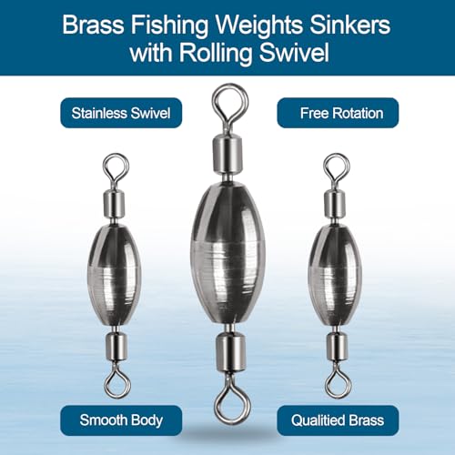 34Pcs Fishing Weights Swivel Brass Sinkers Fishing Weight, Bullet Sinker Weight Kit Tackle, Rolling Swivel Saltwater Freshwater Drop Shot Weights